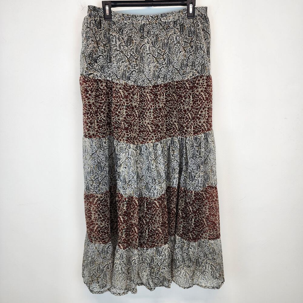 Solitaire Tiered Broomstick Maxi Skirt Size L Paisley Chiffon Lined Whimsygoth